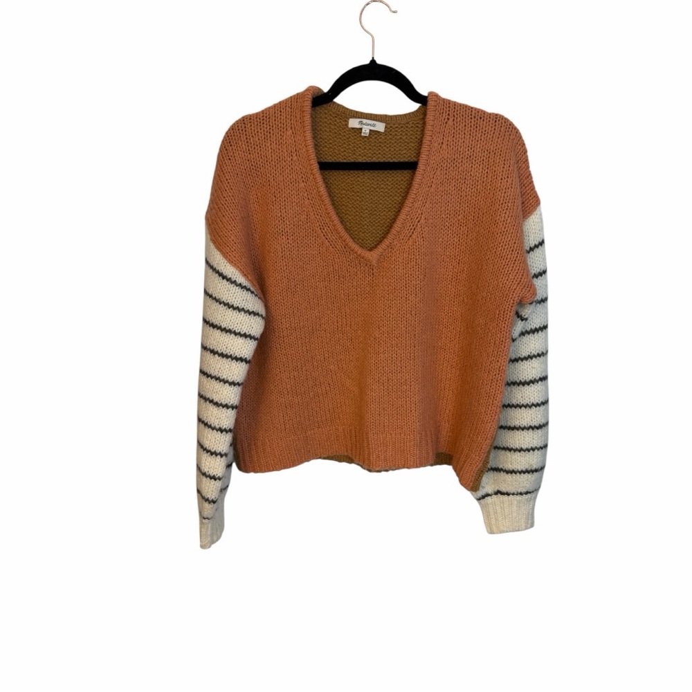Madewell V-Neck Rust Colored Sweater W/Cream and Black Striped Sleeves Size S